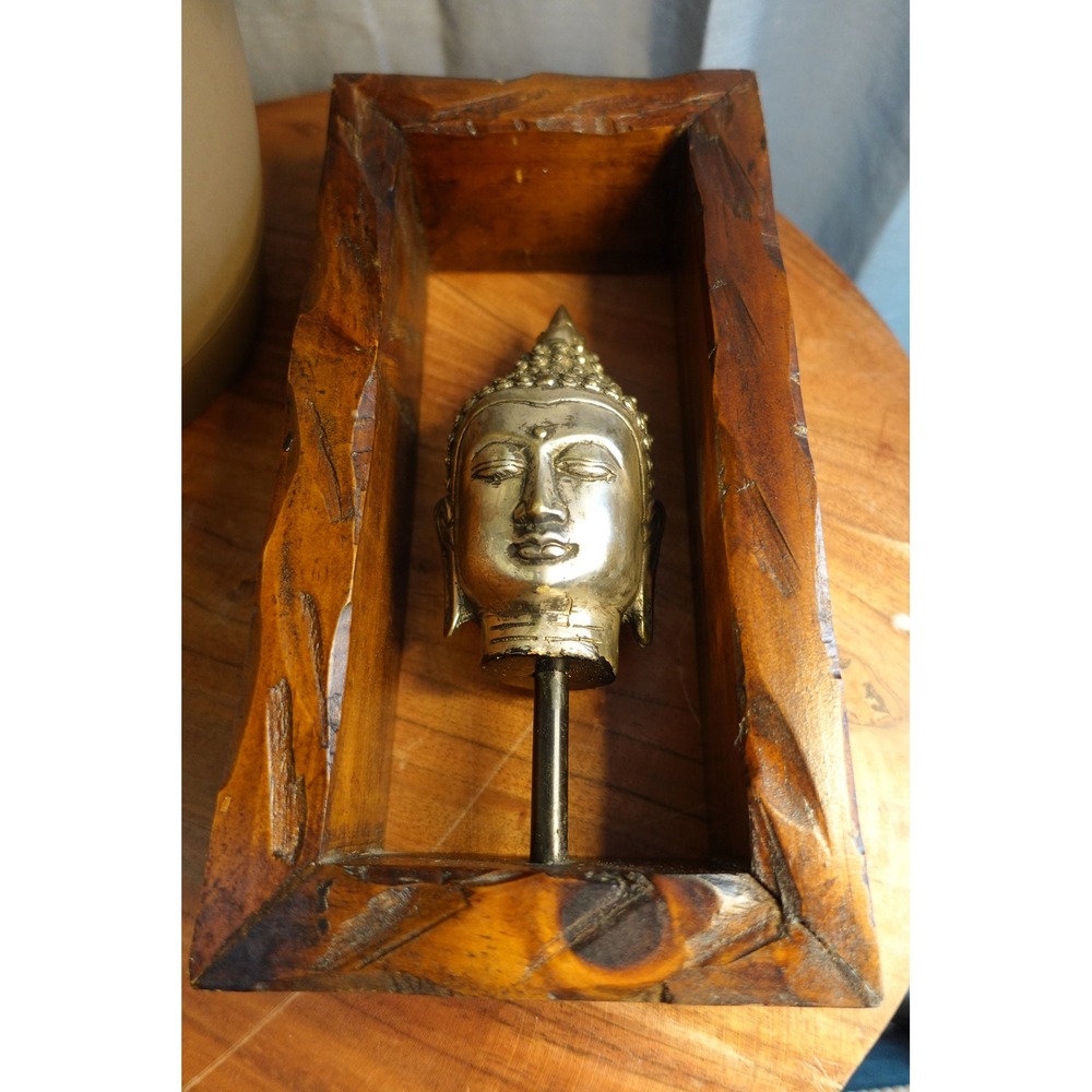 Buddha Head Statue in Wood Frame Asian Decor Sculpture Art - Picture 8 of 8